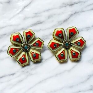 Sassy Jones Gold Tone Floral Earrings with orange, blue and cream accents